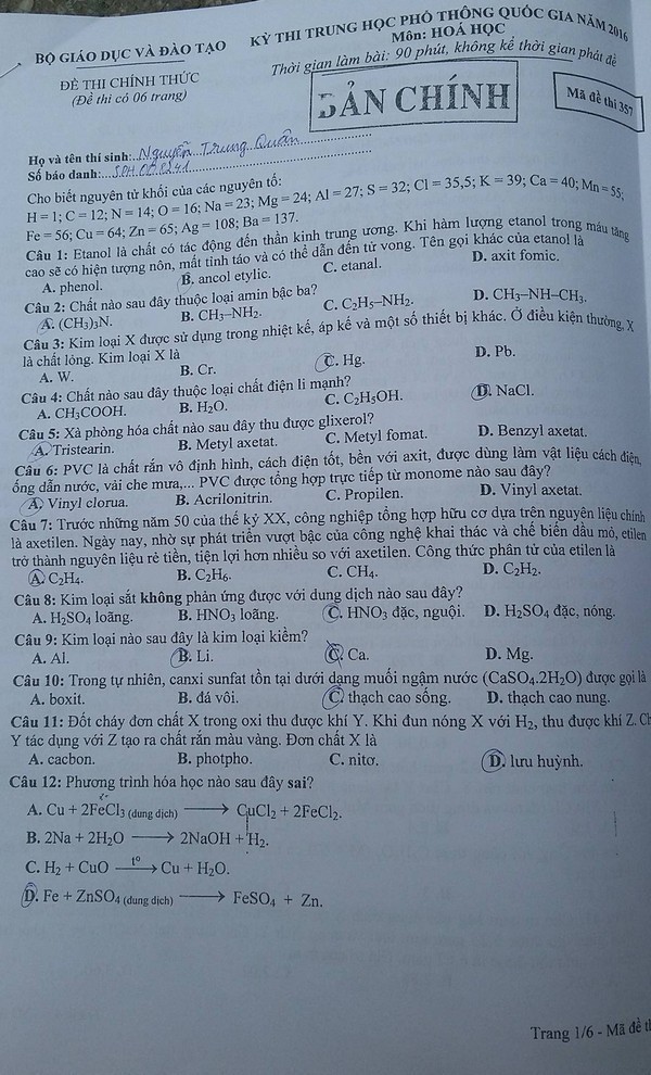 Hướng dẫn giải đề thi THPT Quốc gia môn Hóa 2016 mã đề 357