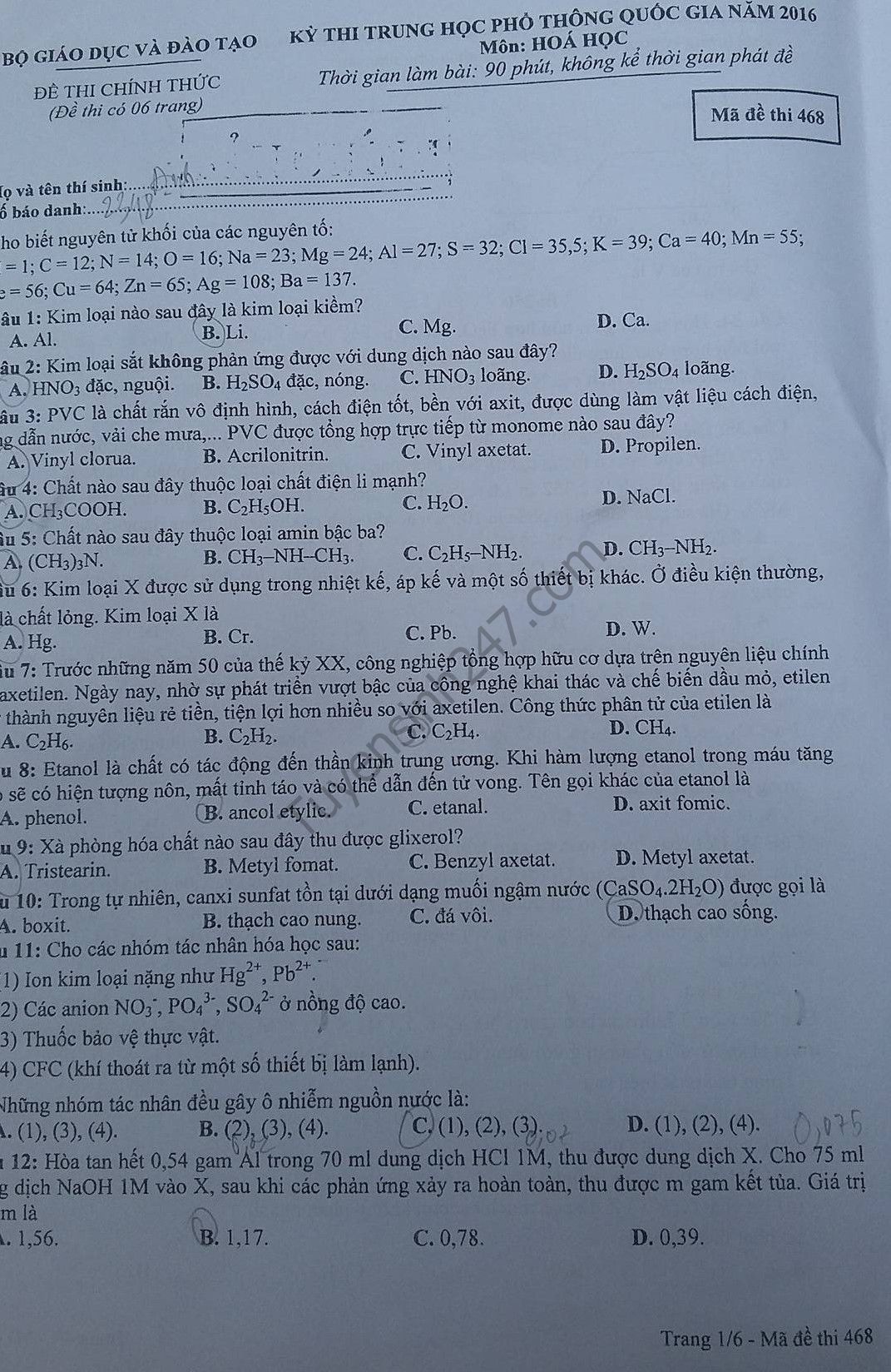 Hướng dẫn giải đề thi THPT Quốc gia môn Hóa 2016 mã đề 468