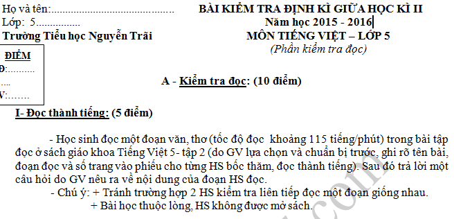 Đề thi giữa kì 2 lớp 5 môn Tiếng Việt - Tiểu học Nguyễn Trãi 2016