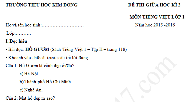 Đề thi giữa kì 2 lớp 1 môn Tiếng Việt - Tiểu học Kim Đồng 2016