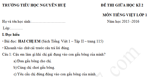 Đề thi giữa kì 2 lớp 1 môn Tiếng Việt - Tiểu học Nguyễn Huệ 2016