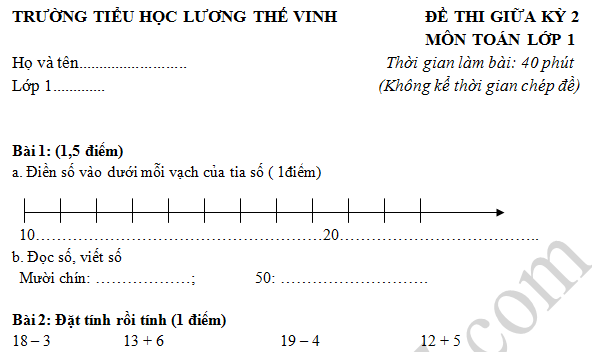 Đề thi giữa kì 2 lớp 1 môn Toán - Tiểu học Lương Thế Vinh 2016