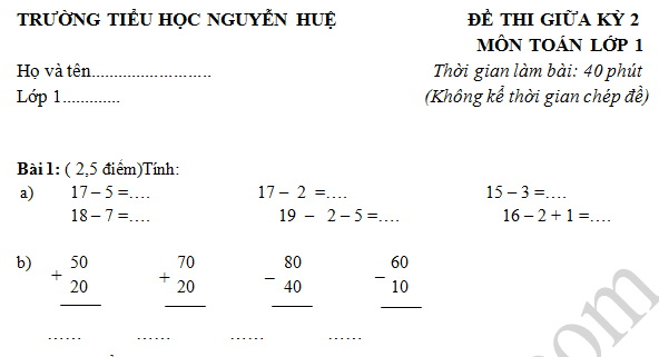 Đề thi giữa kì 2 lớp 1 môn Toán - Tiểu học Nguyễn Huệ 2016
