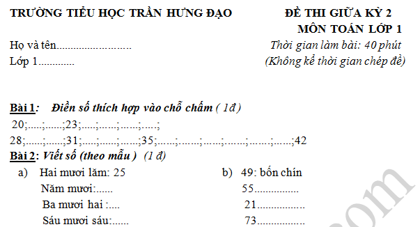 Đề thi giữa kì 2 lớp 1 môn Toán - Tiểu học Trần Hưng Đạo 2016