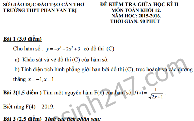 Đề thi giữa kì 2 lớp 12 môn Toán - THPT Phan Văn Trị 2016