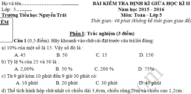 Đề thi giữa kì 2 lớp 5 môn Toán - Tiểu học Nguyễn Trãi 2016