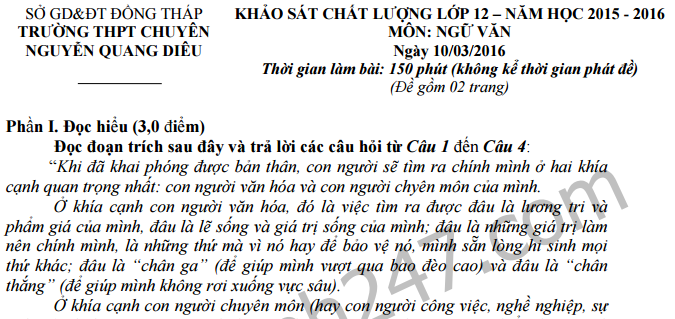 Đề thi giữa học kì 2 lớp 12 môn Văn - THPT Chuyên Nguyễn Quang Diêu 2016