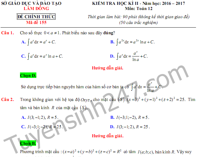 Đề thi học kì 2 lớp 12 môn Toán Sở GD Lâm Đồng 2017