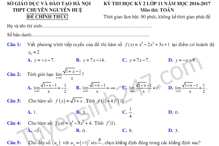 Đề thi học kì 2 lớp 11 môn Toán THPT Chuyên Nguyễn Huệ 2017