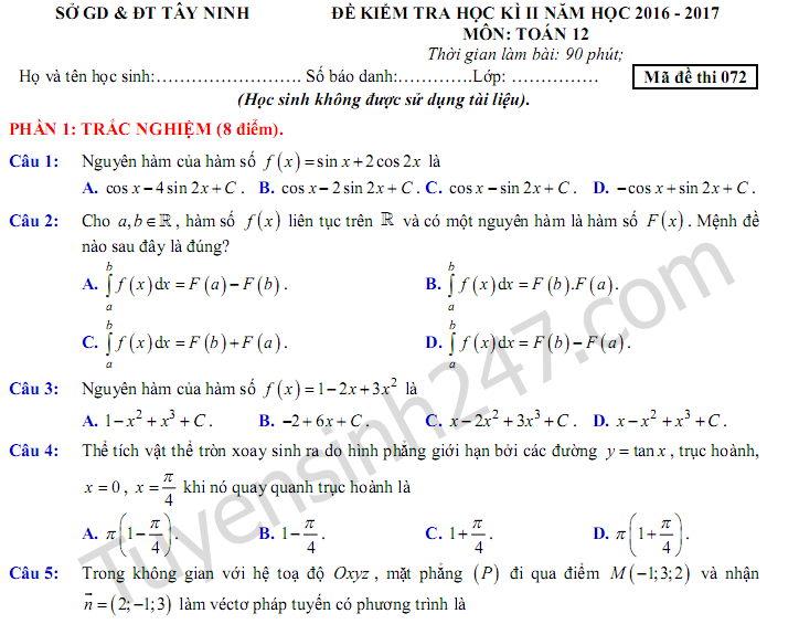 Đề thi học kì 2 lớp 12 môn Toán Sở GD Tây Ninh 2017