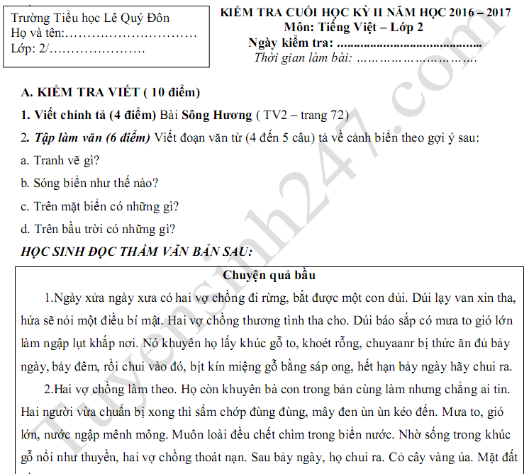 Đề thi học kì 2 lớp 2 môn Tiếng Việt 2017 - TH Lê Quý Đôn