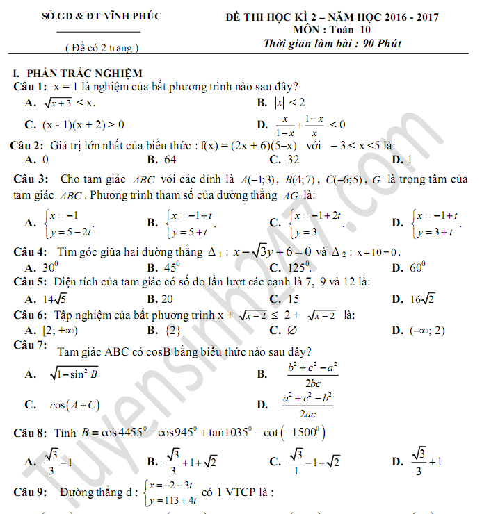 Đề thi học kì 2 lớp 10 môn Toán - Sở GD&ĐT Vĩnh Phúc 2017