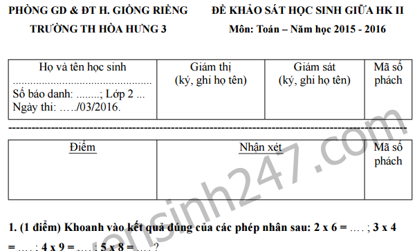 Đề thi giữa học kì 2 lớp 2 môn Toán - Tiểu học Hòa Hưng 3 năm 2016