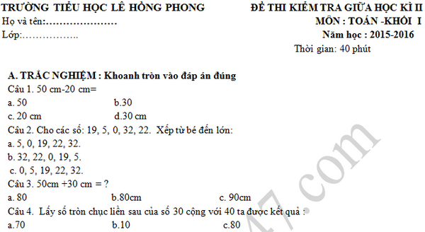 Đề thi giữa kì 2 lớp 1 môn Toán - Tiểu học Lê Hồng Phong 2016