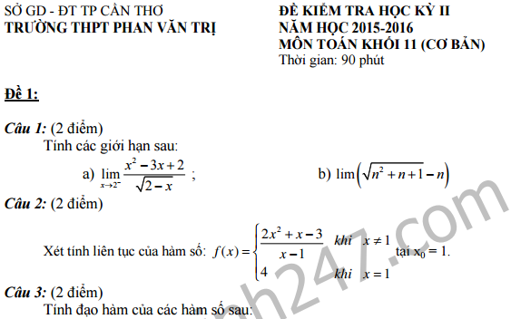 Đề thi giữa học kì 2 lớp 11 môn Toán  - THPT Phan Văn Trị 2016