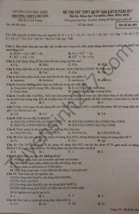 Đề thi thử THPT Quốc gia môn Hóa 2017 - THPT Chuyên ĐH Vinh lần 2