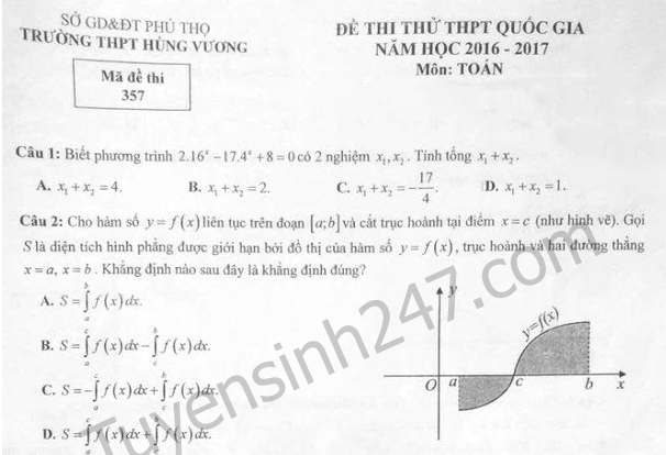 Đề thi thử THPT Quốc gia môn Toán - Sở GD Phú Thọ 2017