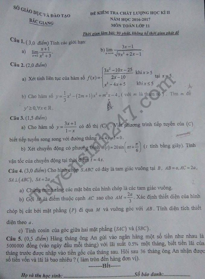 Đề thi học kì 2 lớp 11 môn Toán – Sở GD Bắc Giang 2017