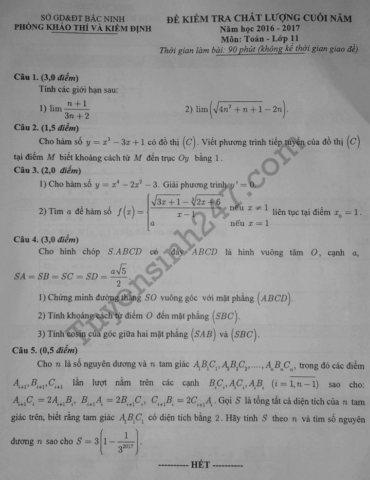 Đề thi học kì 2 lớp 11 môn Toán - Sở GD Bắc Ninh 2017 có đáp án