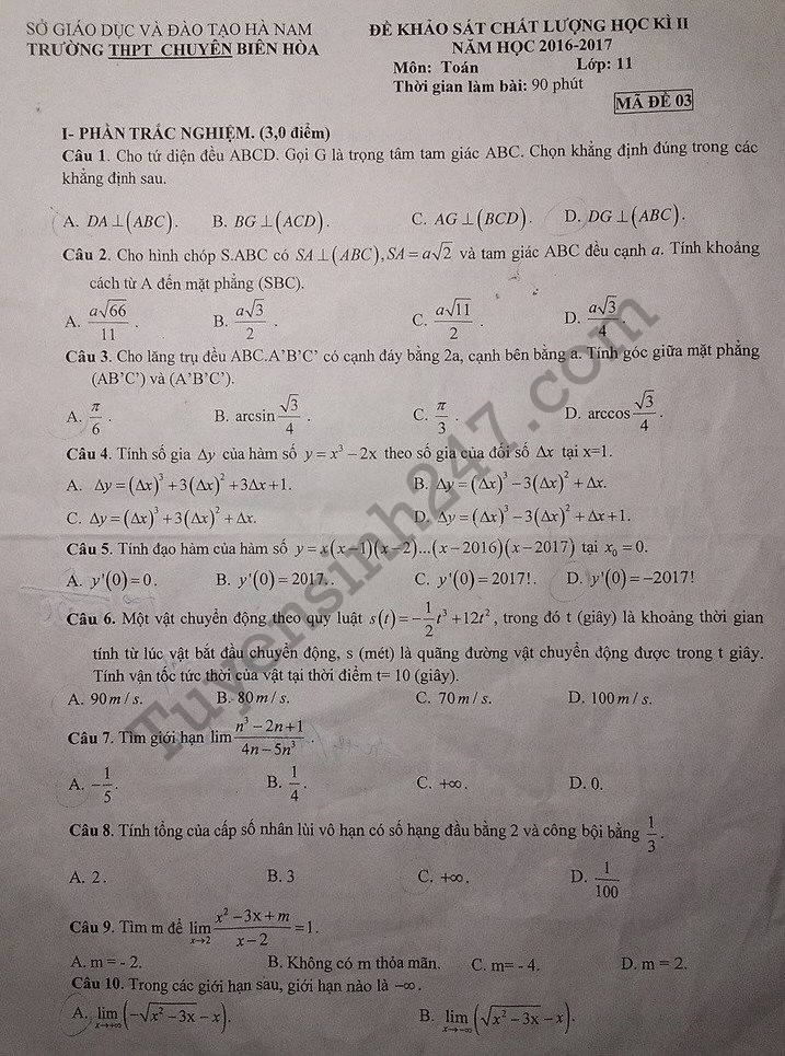 Đề thi học kì 2 lớp 11 môn Toán chuyên Biên Hòa 2017